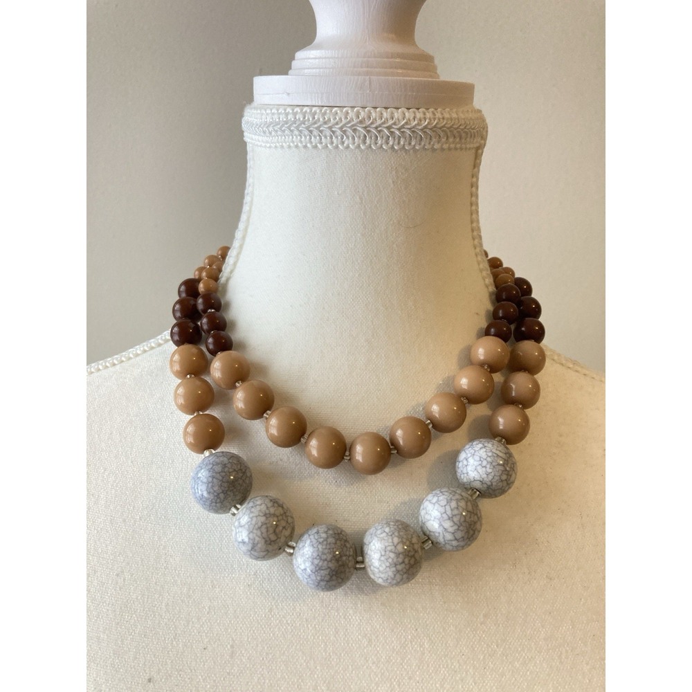 Double Strand Collar Necklace Brown Tan Gray Marbled Beads Chunky Statement